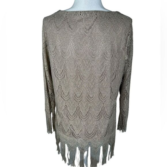 Chico’s Gold Metallic Scalloped Fringe Trim Dressy Top - Picture 7 of 11